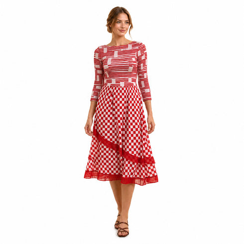 Red Check Print Midi Dress | Elegant Garden Party Dress