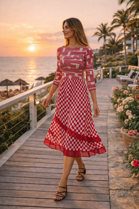 Red Check Print Midi Dress | Elegant Garden Party Dress