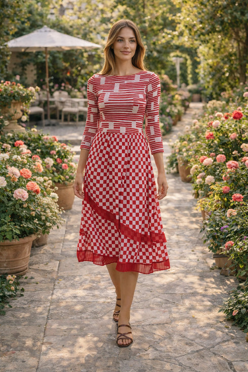Red Check Print Midi Dress | Elegant Garden Party Dress