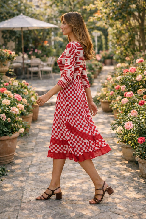 Red Check Print Midi Dress | Elegant Garden Party Dress