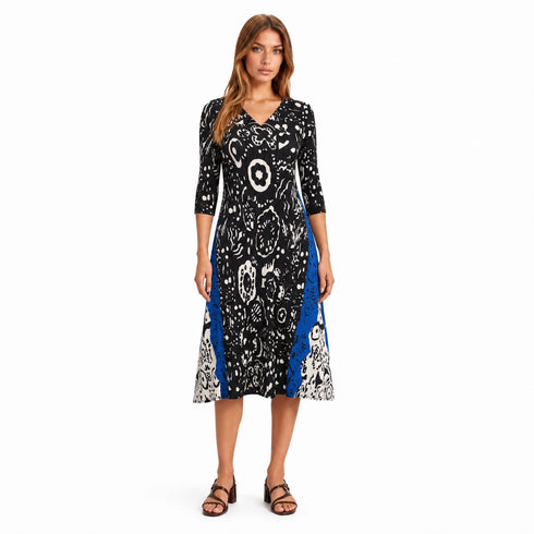 Black Blue Abstract Print Pleated Midi Dress