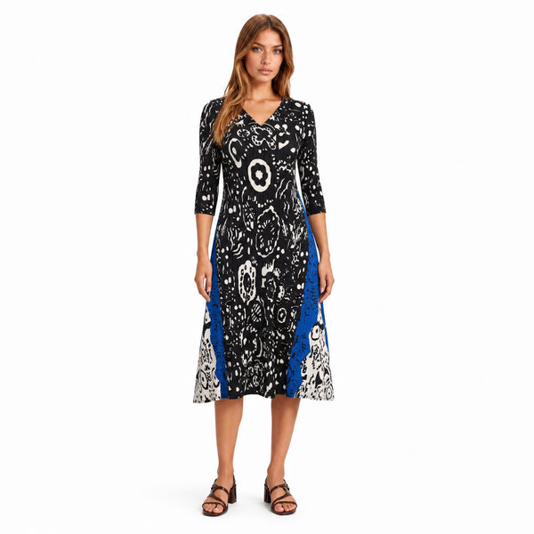 Black Blue Abstract Print Pleated Midi Dress