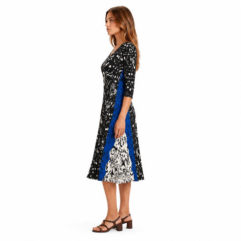 Black Blue Abstract Print Pleated Midi Dress