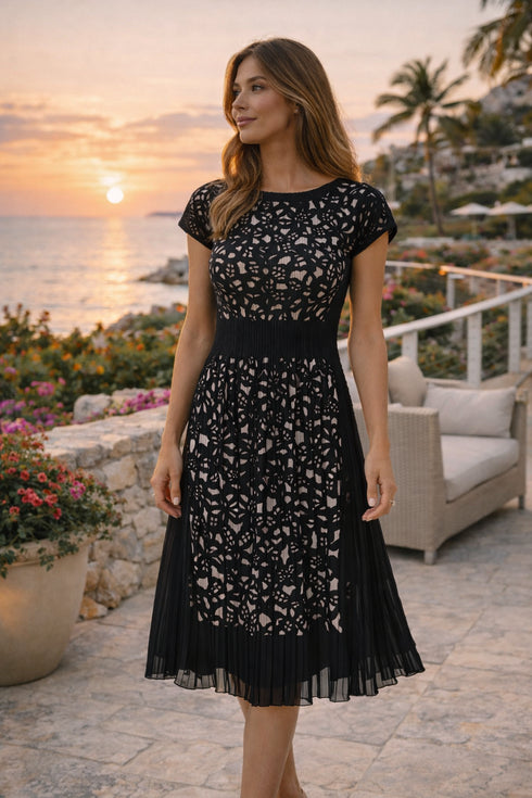 Black Laser Cut Pleated Dress | Elegant Evening & Travel Dress