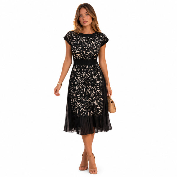 Black Laser Cut Pleated Dress | Elegant Evening & Travel Dress