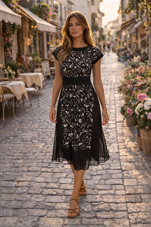 Black Laser Cut Pleated Dress | Elegant Evening & Travel Dress