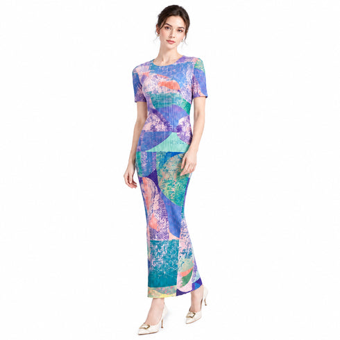 Pleated Abstract Print Midi Dress