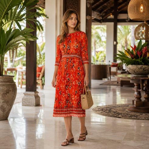 Scarlet Bloom Pleated Midi Dress