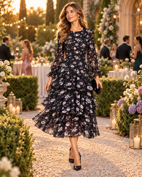 Black Floral Pleated Tiered Midi Dress