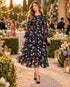 Black Floral Pleated Tiered Midi Dress