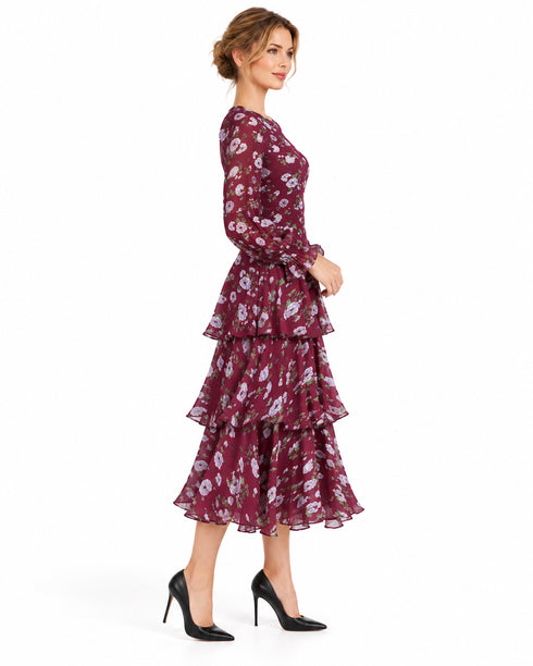 Burgundy Floral Pleated Tiered Midi Dress