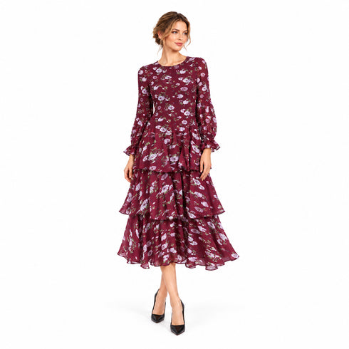 Burgundy Floral Pleated Tiered Midi Dress
