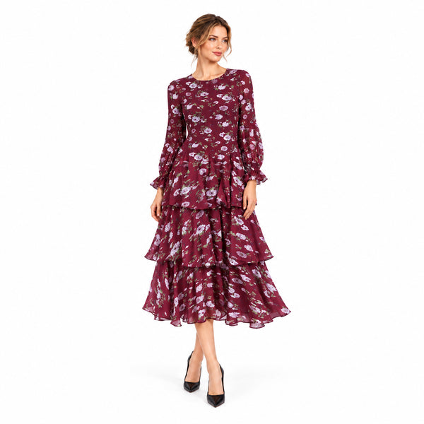 Burgundy Floral Pleated Tiered Midi Dress