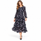Black Floral Pleated Tiered Midi Dress