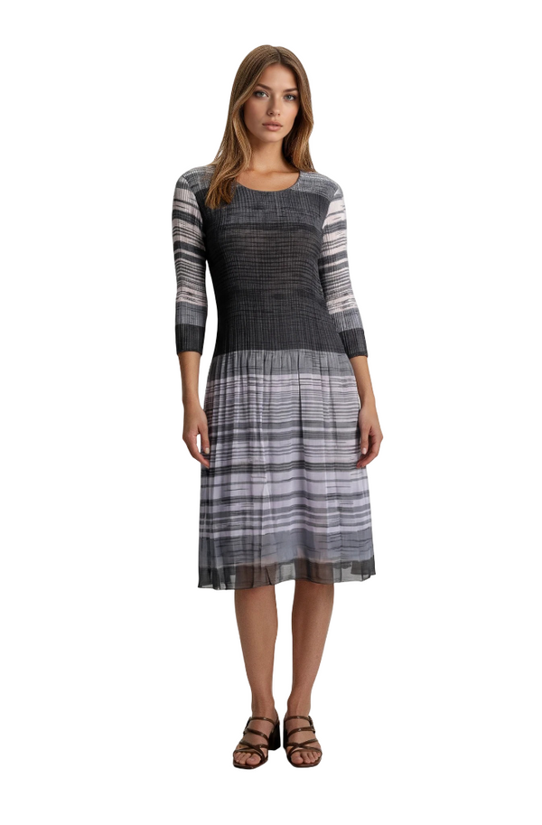 Grey Pleated Print Midi Dress | Elegant Garden & Travel Dress