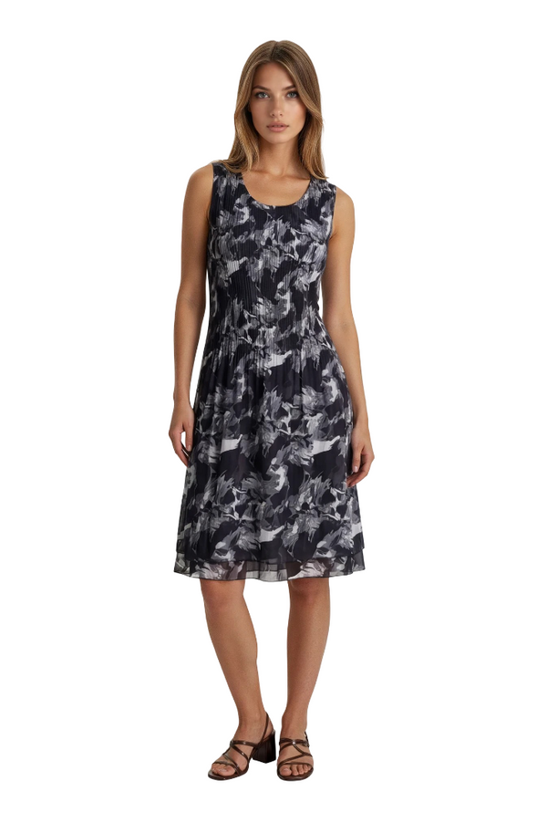 Black Grey Floral Pleated Sleeveless Dress