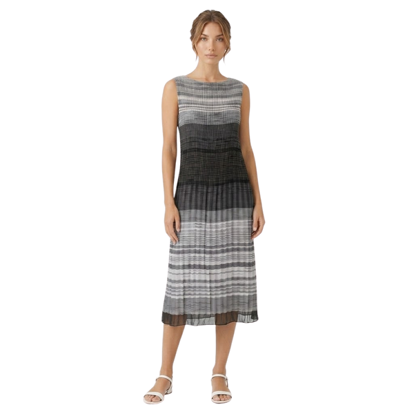 Grey & Yellow Striped Pleated Sleeveless Dress
