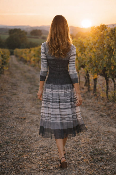 Grey Pleated Print Midi Dress | Elegant Garden & Travel Dress