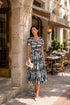 Abstract Floral Midi Dress – Black & White / Green Multi Color