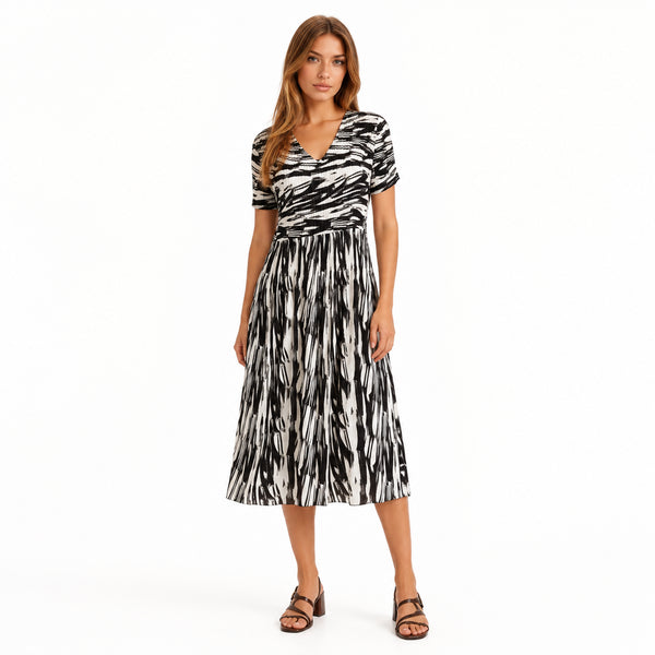 Abstract Floral Midi Dress – Black & White / Green Multi Color