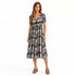 Abstract Floral Midi Dress – Black & White / Green Multi Color