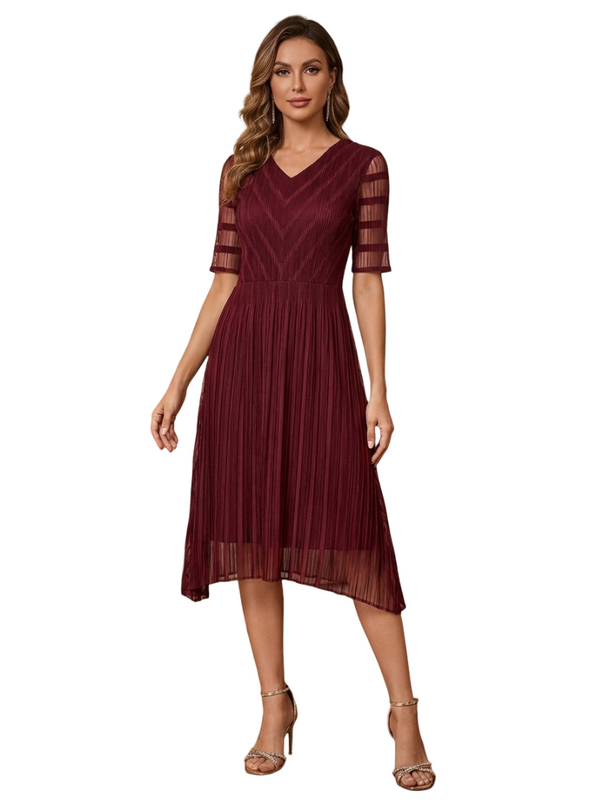 Pleated Midi Dress with Sheer Stripe Sleeves - DR783 Wine