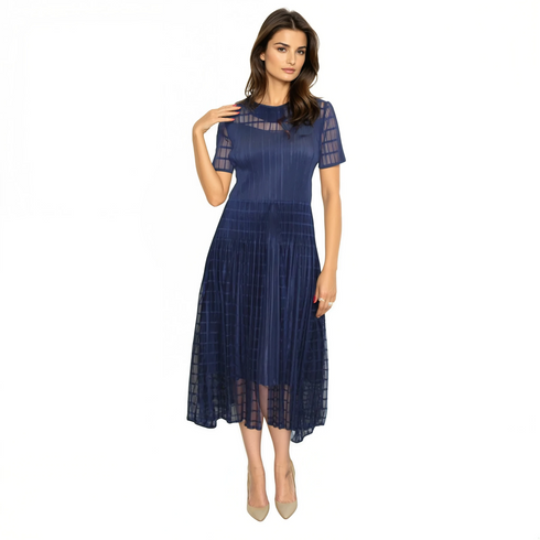 Short Sleeve Sheer Panel Midi Dress - DR785