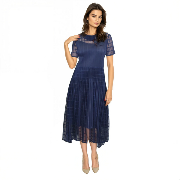 Short Sleeve Sheer Panel Midi Dress - DR785