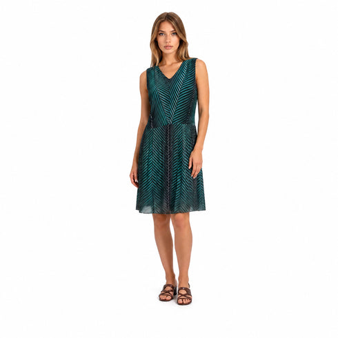 Teal Chevron Sleeveless V Neck Dress