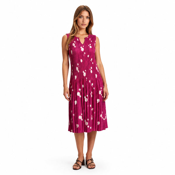 Magenta Pleated Sleeveless Midi Dress with White Abstract Floral Print