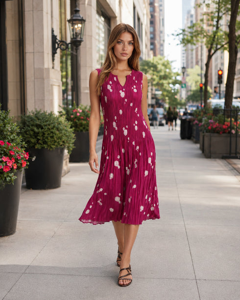 Magenta Pleated Sleeveless Midi Dress with White Abstract Floral Print