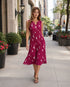 Magenta Pleated Sleeveless Midi Dress with White Abstract Floral Print