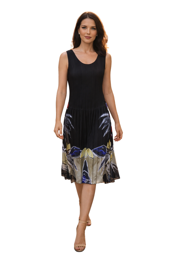 Elegant Floral Print Midi Dress for Women | Black Flower & Green Flower Summer Dress