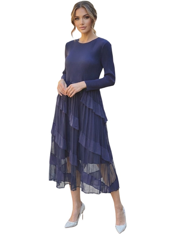 Elegant Navy Layered Midi Dress for Women | Long Sleeve Chiffon Ruffle Dress
