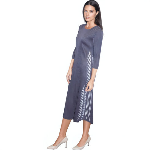 3/4 Sleeve Laser Cut Crinkle Dress - DR1159 Gray