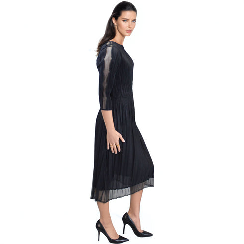 3/4 Sleeve Sheer Scallop Sleeve Crinkle Dress - DR892 Black