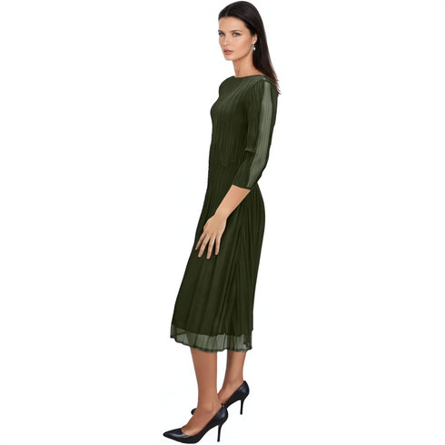 3/4 Sleeve Sheer Scallop Sleeve Crinkle Dress - DR892 Olive