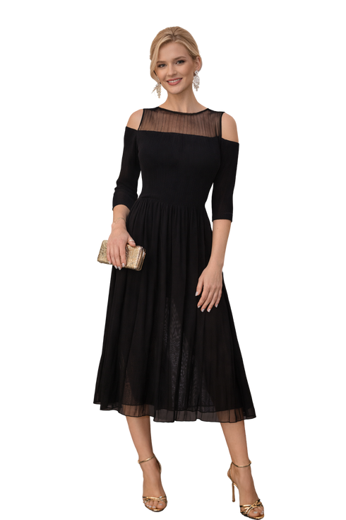 Elegant Sheer Neck Cold Shoulder Black Midi Dress, Cocktail & Evening Wear
