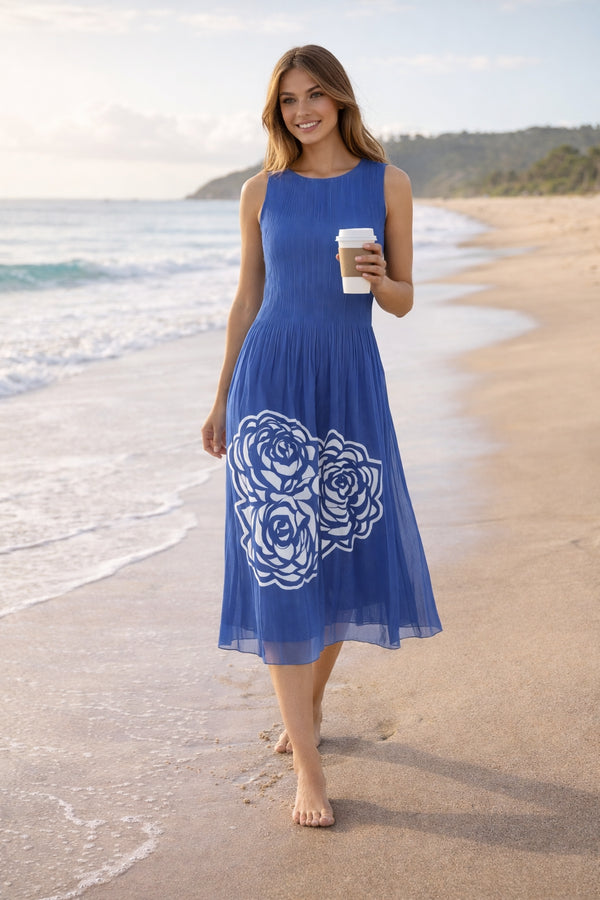 Sleeveless Rose Flower Midi Dress - DR925