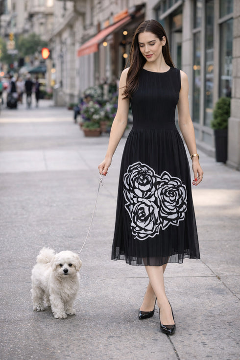 Sleeveless Rose Flower Midi Dress - DR925