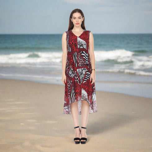 Chic Leopard Print Crinkle Sleeveless Dress - DR946 Red