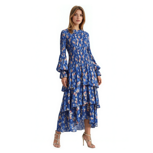 Blue Floral Tiered Midi Dress | Elegant Long Sleeve Spring Dress