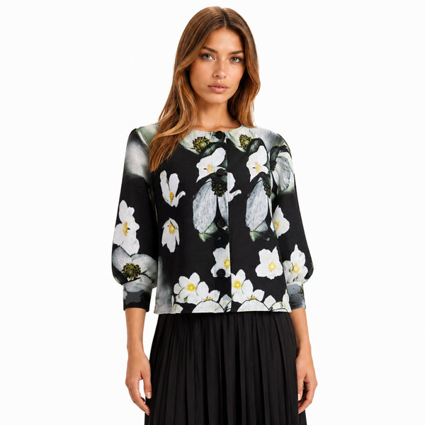 Floral Pleated Button Jacket, Black & Blue