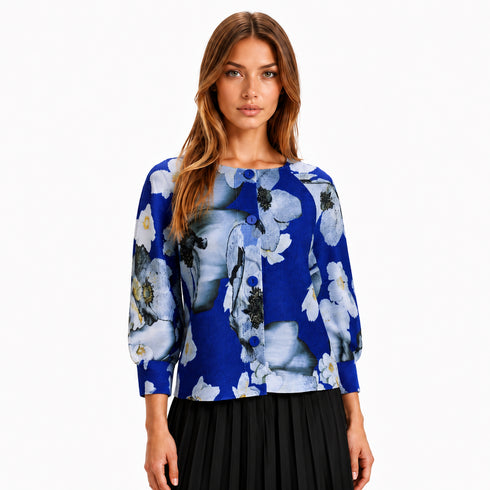 Floral Pleated Button Jacket, Black & Blue