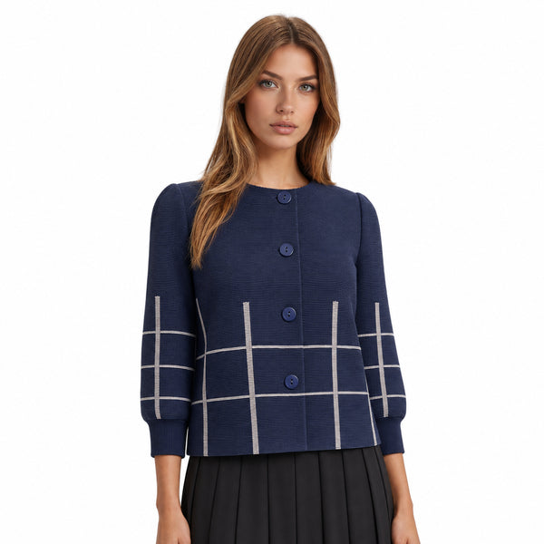 Navy Grid Pleated Button Jacket