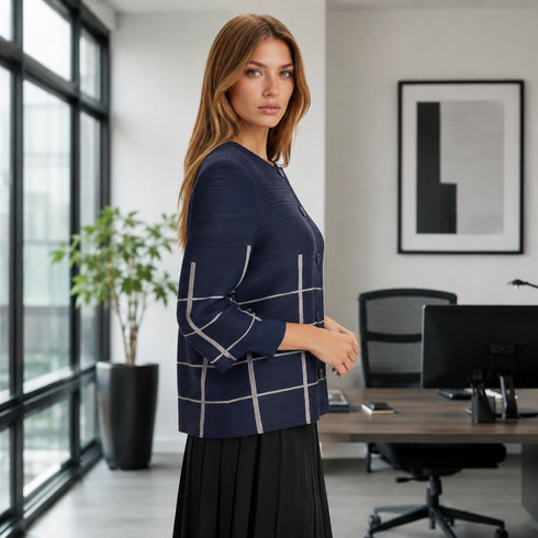 Navy Grid Pleated Button Jacket