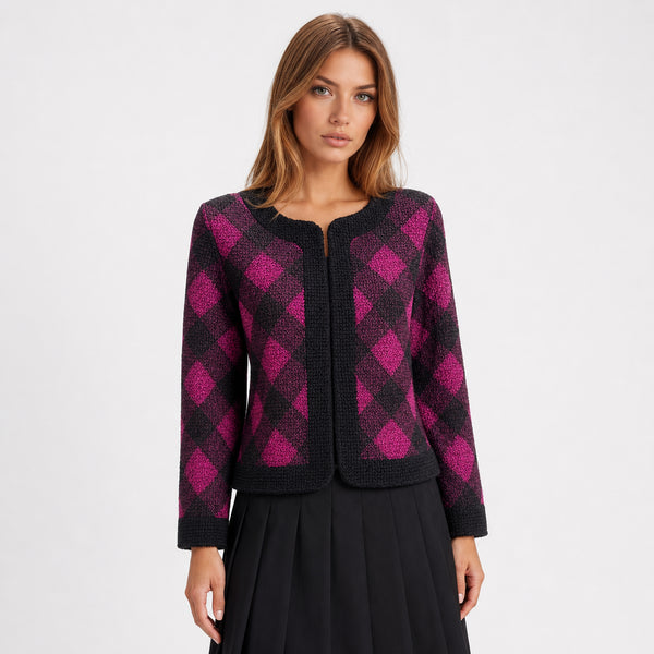 Chic Argyle Pleated Cropped Jacket – Modern Black & Grey Lightweight Cardigan