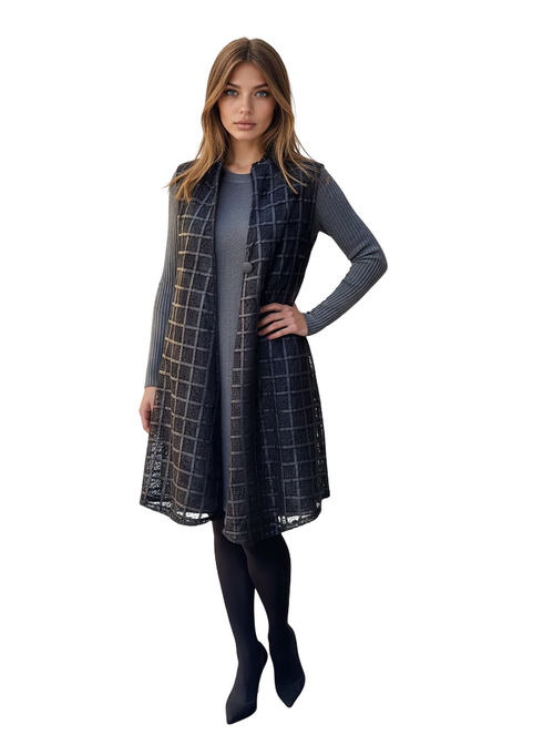 Grid-Pattern Long Vest - JK1119