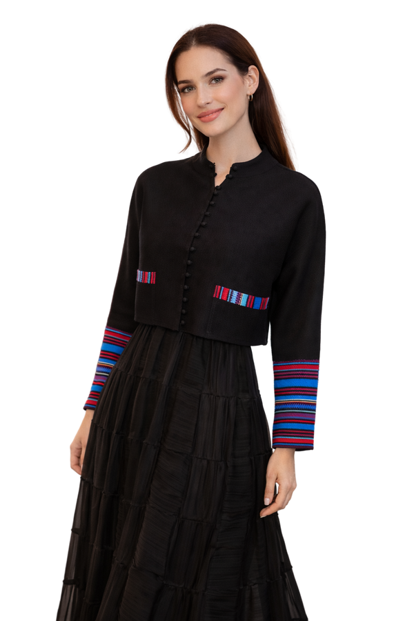 Elegant Cropped Jacket with Color Accent Sleeves | Modern Evening Jacket for Women