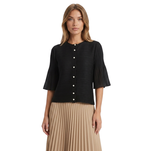 Black Pearl Button Pleated Sleeve Jacket - JK1238
